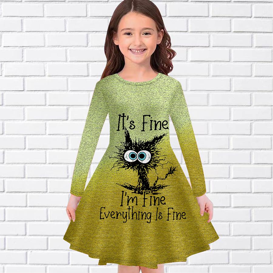 Повседневное платье для девочки с английским принтом кота и круглым вырезом, длинными рукавами, детское платье принцессы