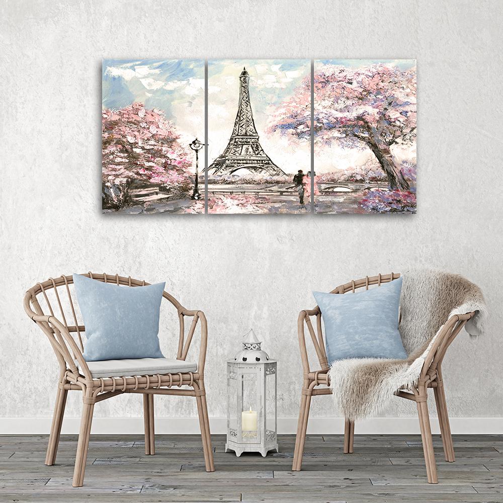 Картина на холсте из трех частей Эйфелева башня Пастельно-розовый