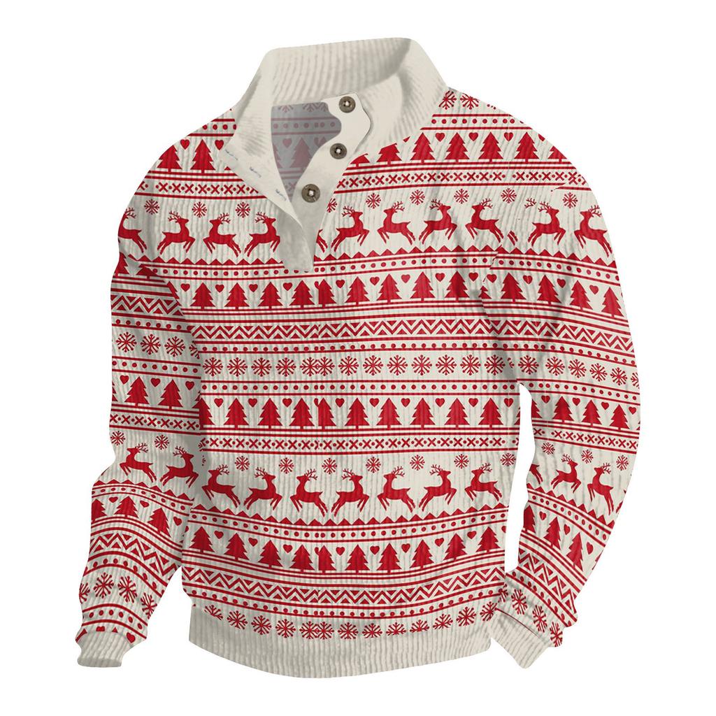 Men's Christmas Cotton Pullover Long Sleeve Outdoor Shirt Vintage Corduroy Button Stand Collar Shirt Casual Sweatshirt Christmas Print Top