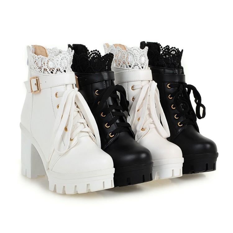 Women's Spring, Autumn and Winter Large Size Thick-heeled Lace-up British Style White High-heeled Short Boots