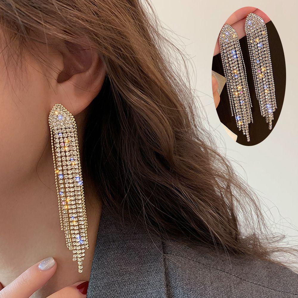 Bridal Wedding Rhinestone Earrings Drop Tassel Earrings Bling Dangle Long Tassel Rhinestone