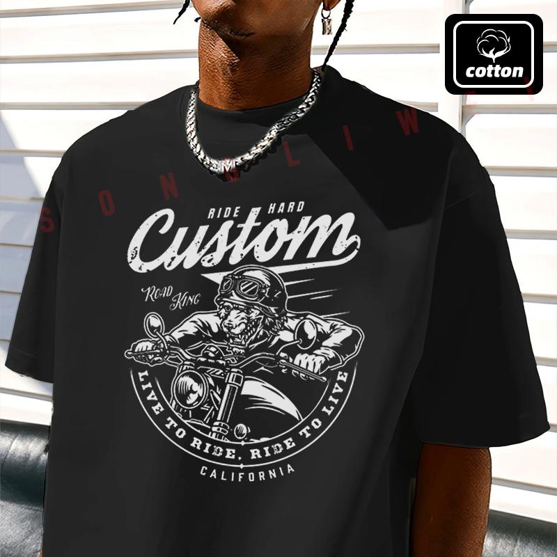 Men's Cotton T-Shirt Animal Biker Vintage Monochrome Tshirt Men's Casual Short Sleeve Tee