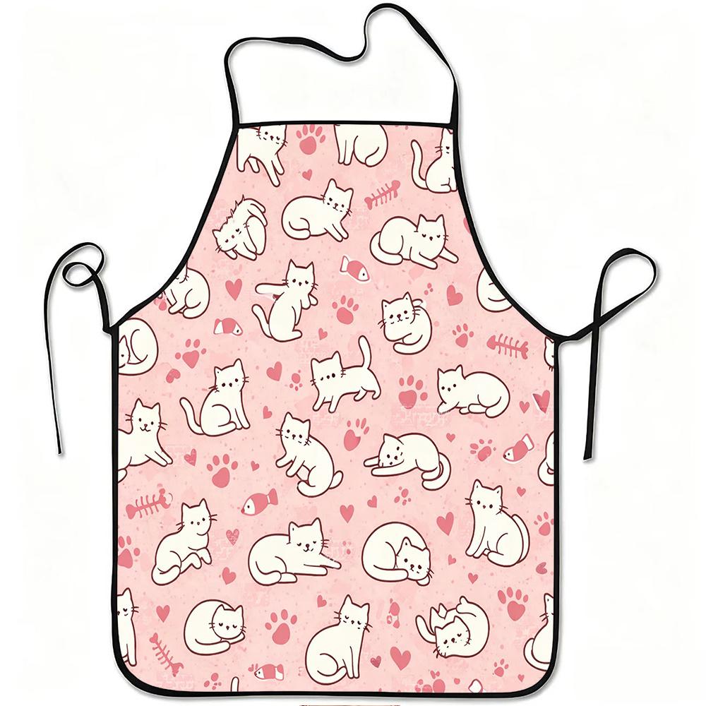 1pc Cute White Cat & Pink Heart Print Apron with Kitten, Adjustable Waistband Suitable for Cooking,, Gardening, Crafting, for, for &, Durable Easy-Cle