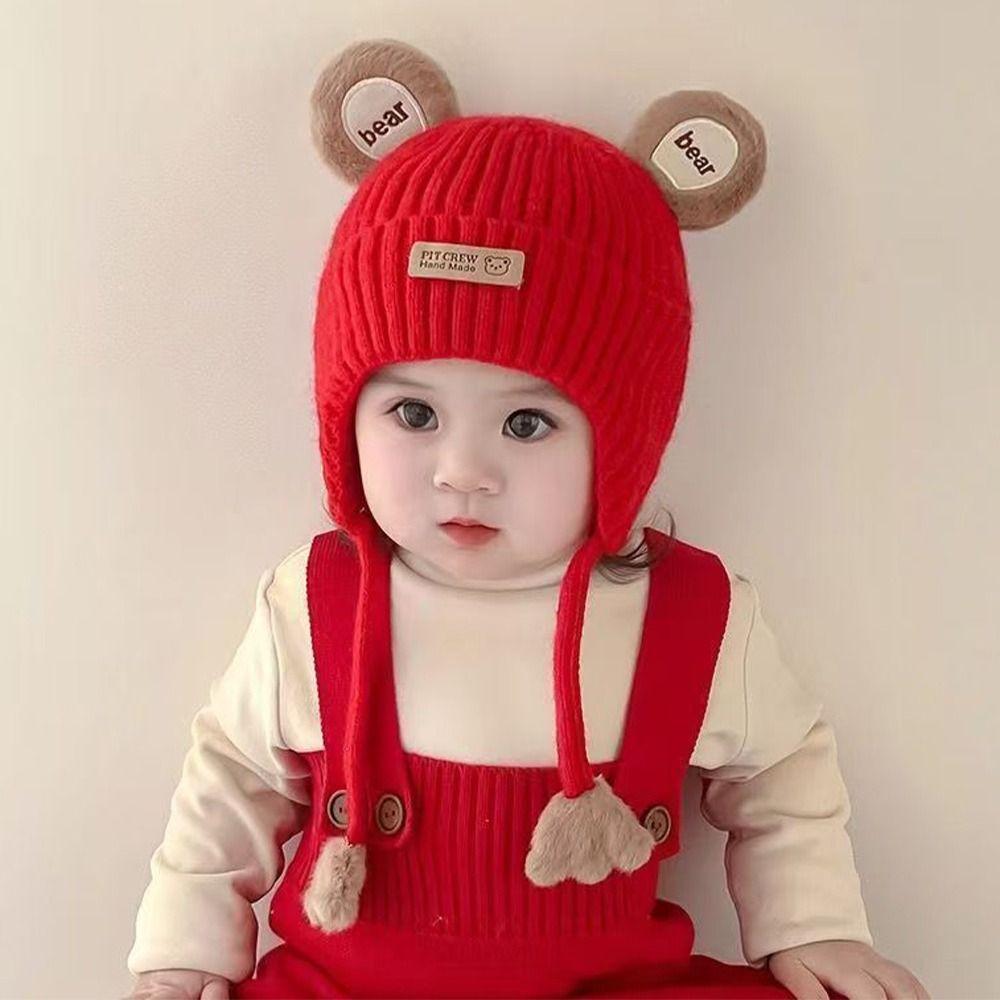 Милый дизайн с мишкой Шапка-бини для малышей Хлопковая подкладка Зимняя теплая вязаная шапка для младенцев Одежда для малышей