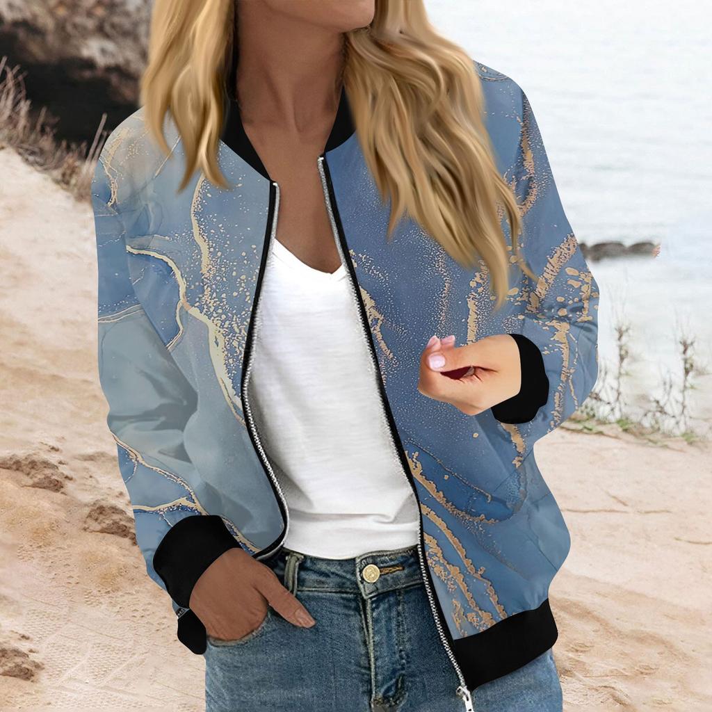 Женская мода повседневная куртка с градиентным принтом на молнии с карманами