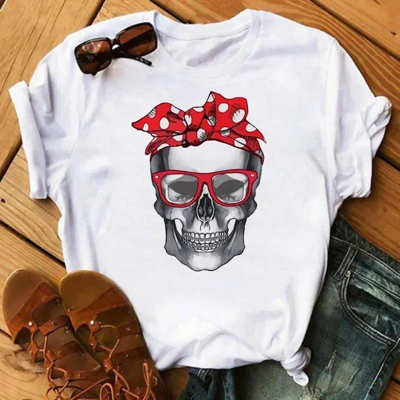 New Cartoon Mama Leopard Turban Skull Print Women Tshirts Casual Oneck Tops Loose Harajuku White T Shirt Korean Style Clothes