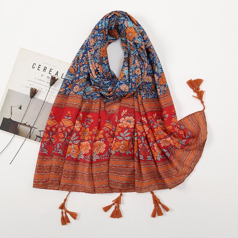 Литературный небольшой свежий хлопковый и льняной ретро-шарф с бахромой, женский напечатанный красивый шелковый шарф, японская солнцезащитная шаль