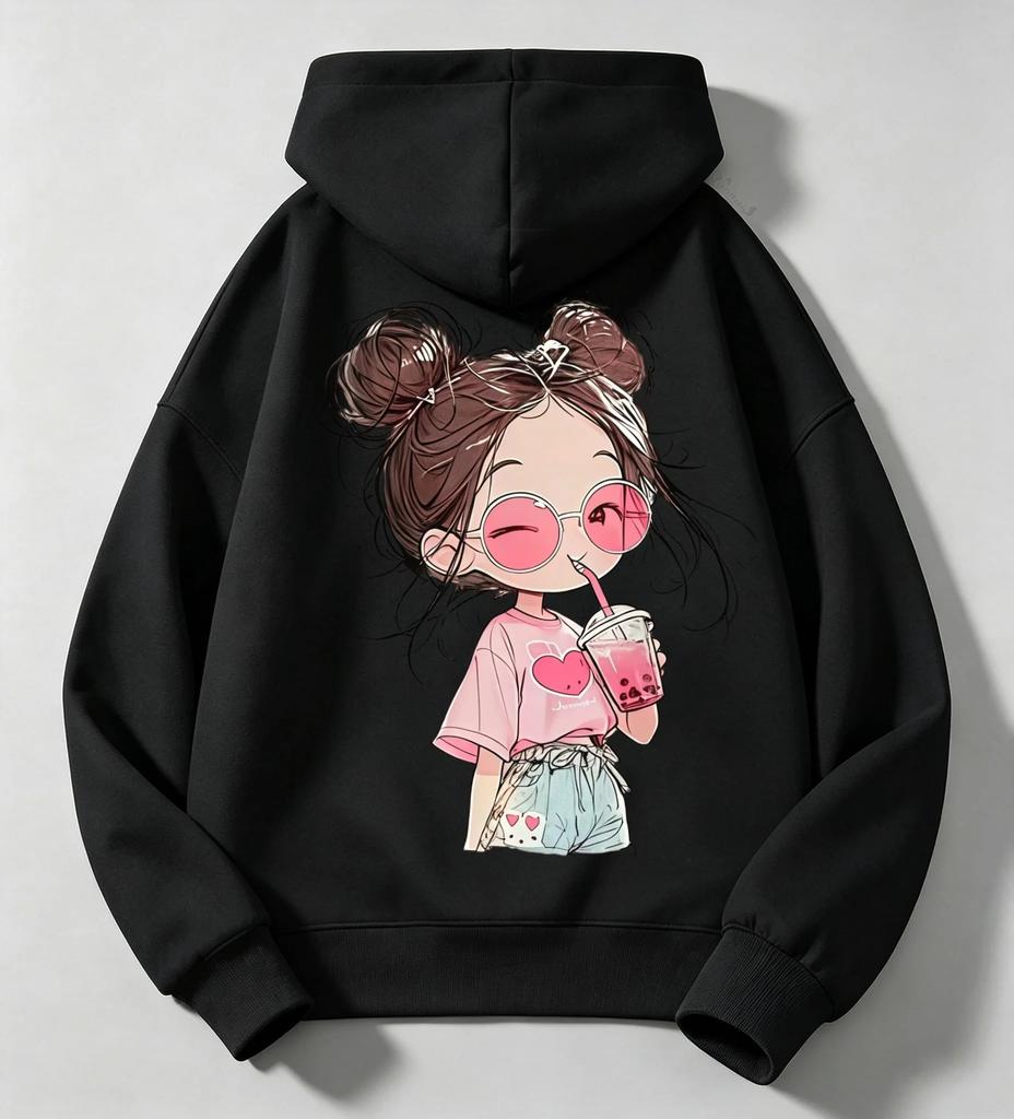 Trendy kids hoodie with lovely cartoon girl graphic, lightweight breathable fabric, perfect for school, daily activities and family trips all year.