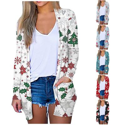 Женская мода, повседневный рождественский принт, кардиган средней длины, карманное пальто