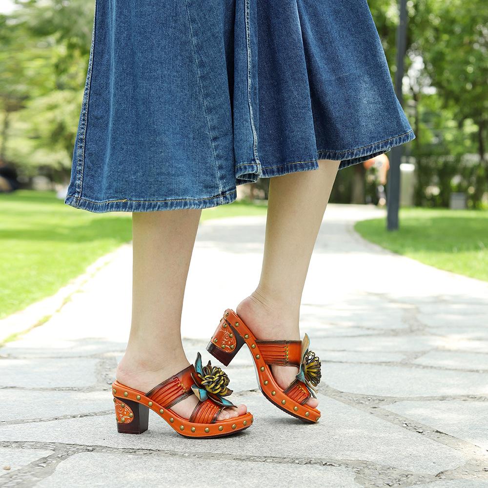 Johnature Женская обувь из натуральной кожи с ручной росписью, уличные тапочки, шлепанцы на высоком каблуке в стиле ретро, ​​босоножки на платформе