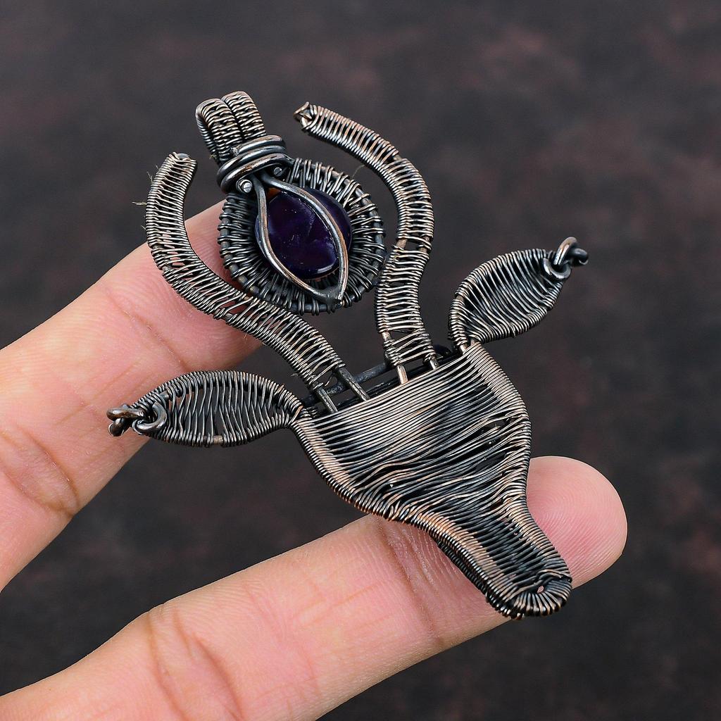 Подвеска из африканского аметиста, обернутая медной проволокой, подвеска в виде коровьей морды, подвеска из драгоценных камней, обернутая проволокой, ювелирные изделия для подарка, медные украшения ручной работы