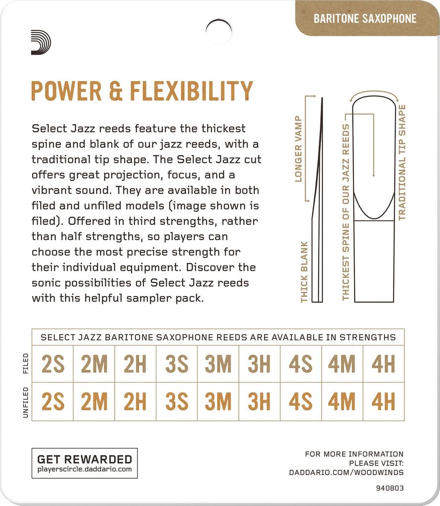 WOODWINDS Jazz Select Baritone Sax Reed Sampler Pack F3S F3M UF3S UF3M D'Addario DSJ-L3S