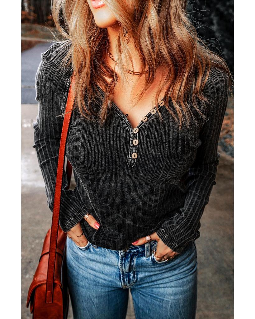 Azura Exchange Black Vintage Ribbed Knit Button V Neck Long Sleeve Top