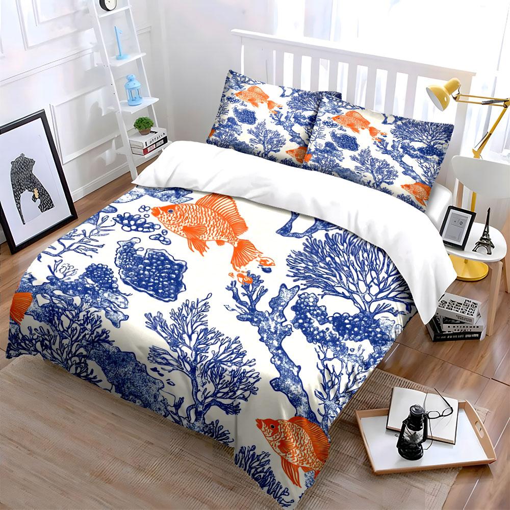 Underwater Coral Fish Pattern Bedding Duvet Cover Set Duvet Cover Pillowcases (1*Duvet Cover 2*Pillowcases, without duvet insert)