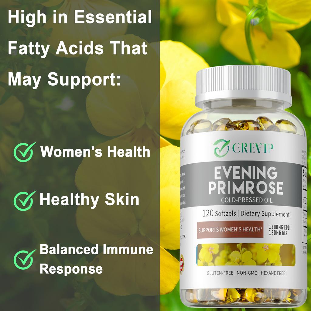 GREVIP - 1300 mg Evening Primrose Oil - 120 mg Gamma-Linolenic Acid - For Women's Health and Skin Health