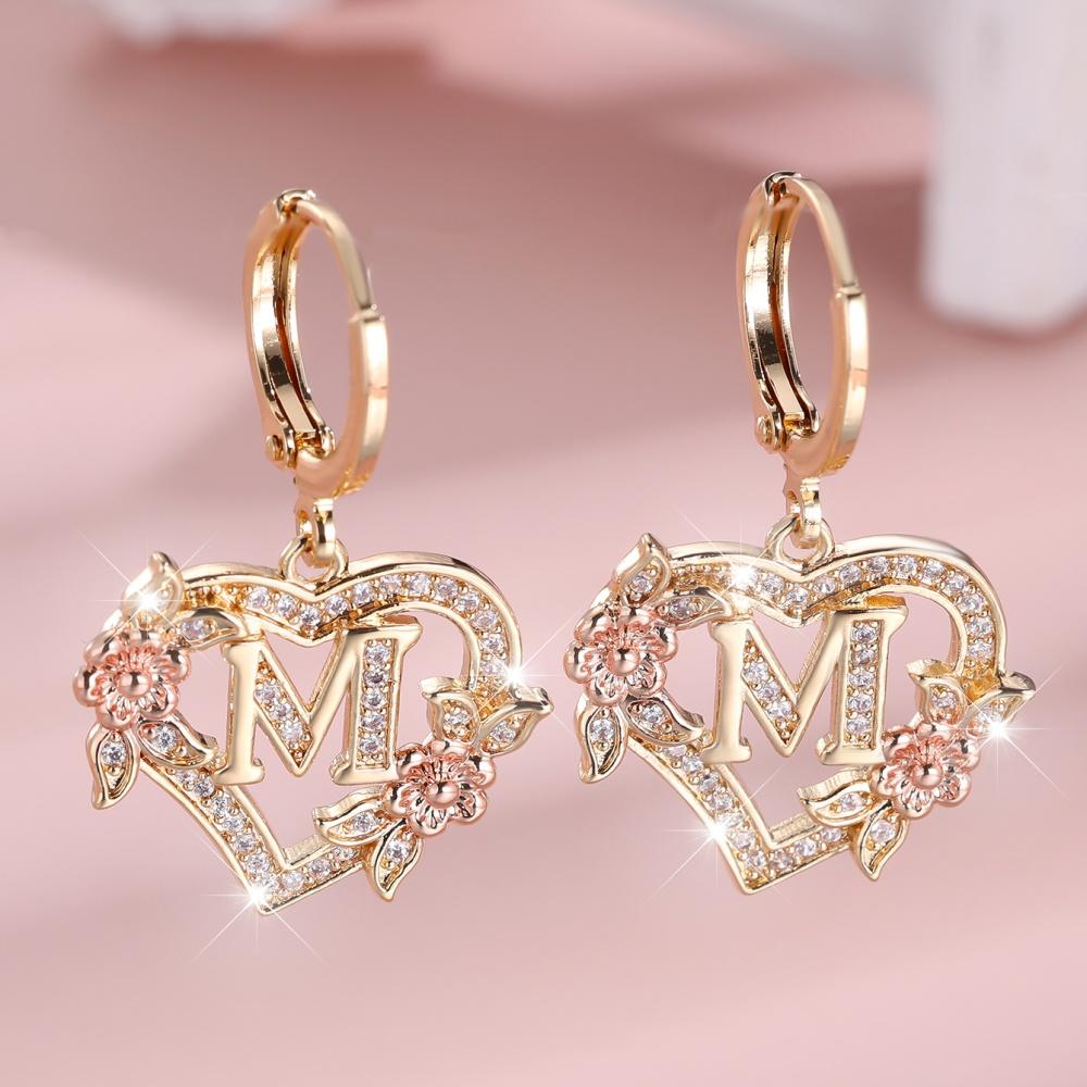 A-Z 26 Букв Женские Сердце Цветок Кольца Серьги Винтажный Золотой Цвет Белый Цирконий Свадебные Украшения Для Женщин