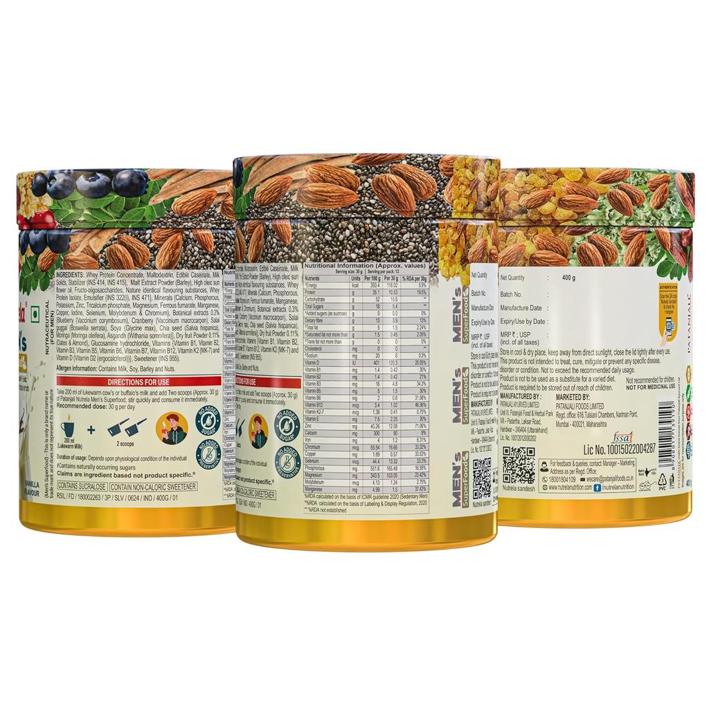 Nutrela от Patanjali Мужской Суперфуд Протеиновый Порошок 400 г Упаковка 1 Ваниль Ежедневное Питание