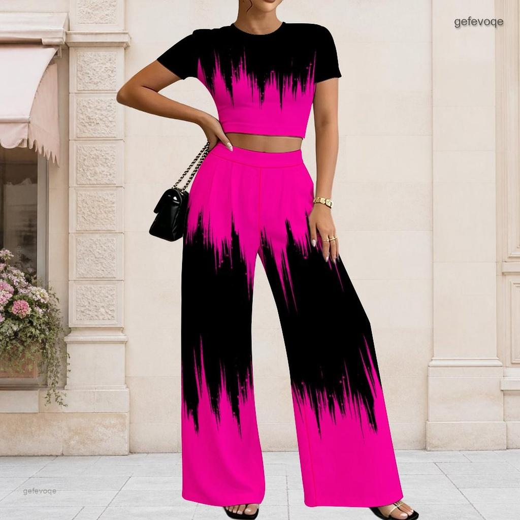 Women Plus Size Round Neck Short Sleeve Printed Crop Top Wide Leg Pants Two Piece Set