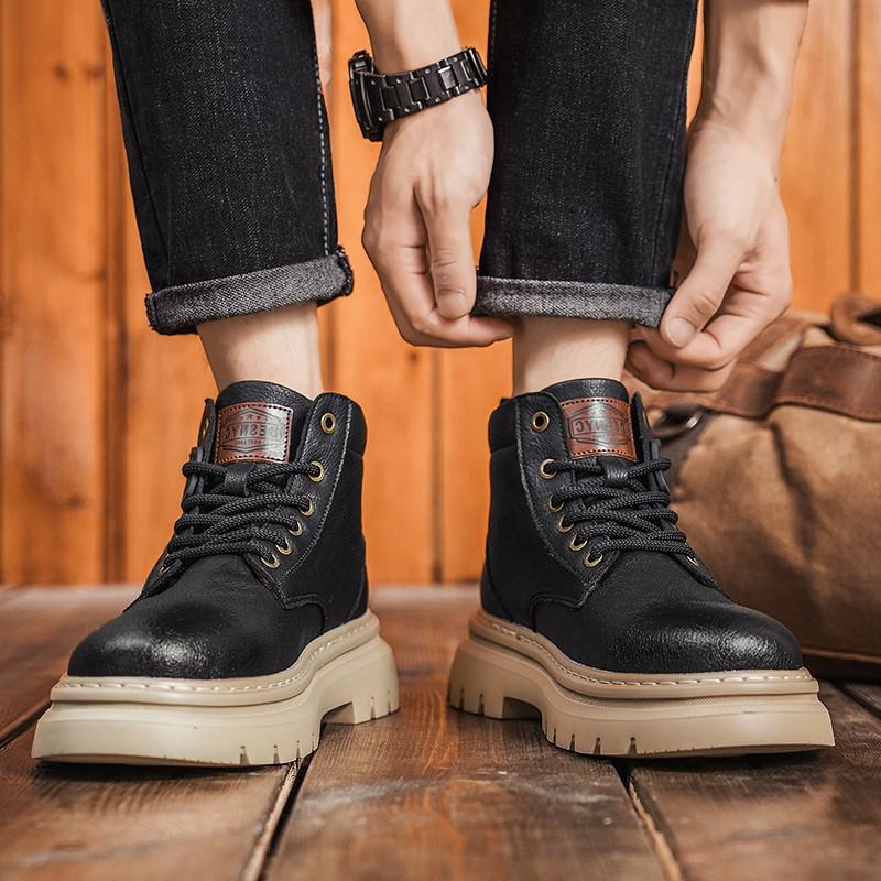 2024 Men's Black Leather High-Top Martin Boots: Retro, Thick-Sole Casual for Autumn/Winter