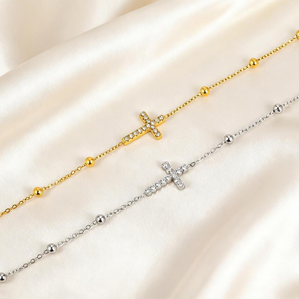 Браслет-крестик из кристаллов 18K PVD-покрытие Цепочка из бусин Религиозные украшения для женщин Нержавеющая сталь Браслет-манжета Cruz Водонепроницаемый