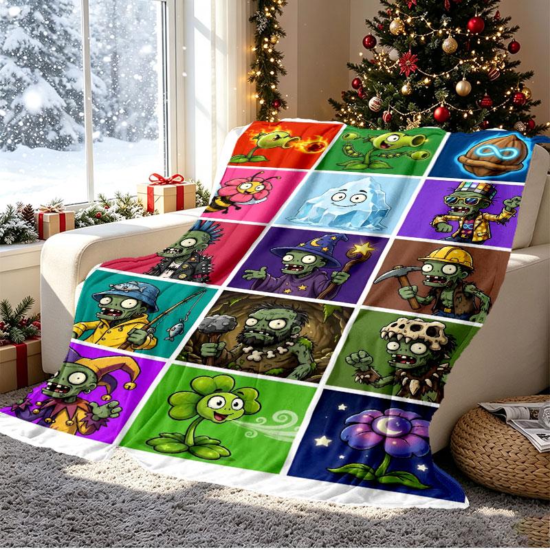 Plants vs. Zombies Pattern Blanket for Home Decoration, Bed, Sofa, Car Travel, Camping, Suitable for All Seasons, Birthday Christmas Gift