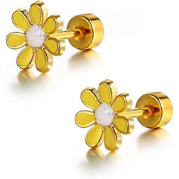 18G Cute Daisy Flower Stud Cartilage Earrings for Women Girls 14K Gold Plated Stainless Steel Enameled Fine Screw Back