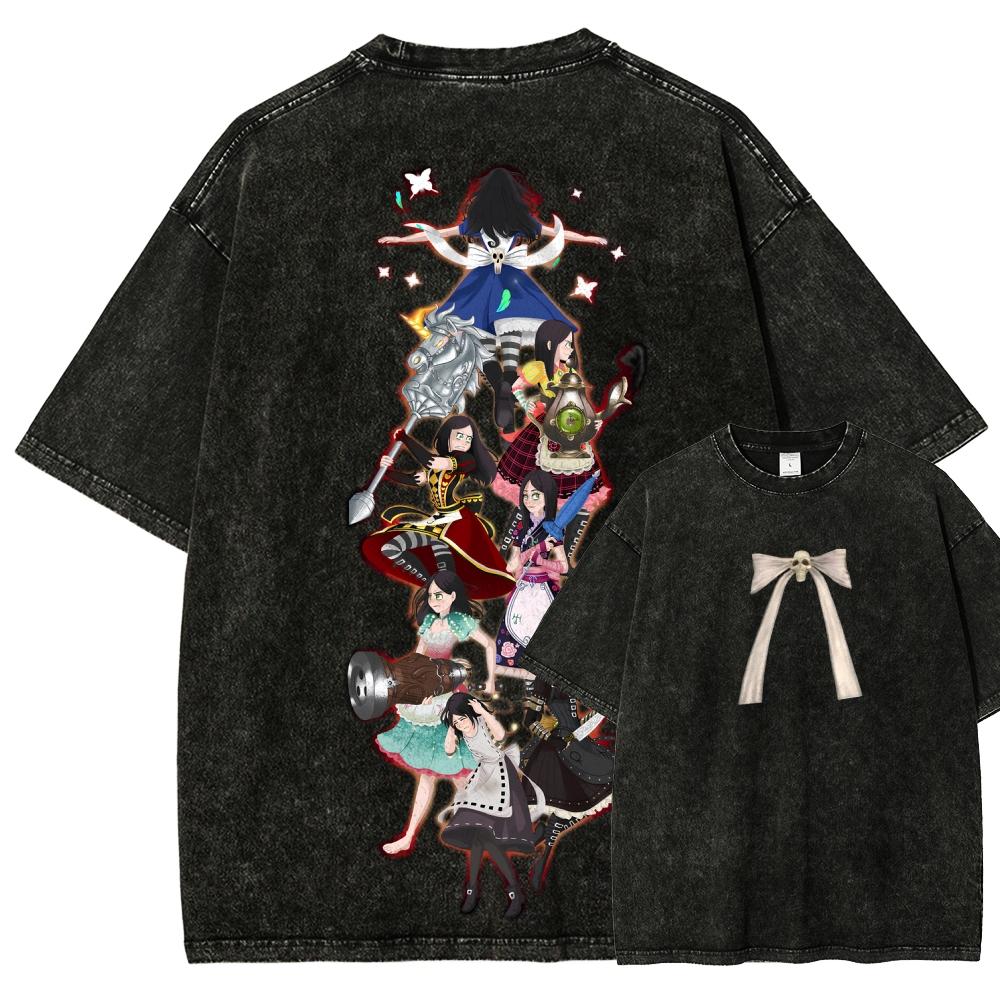 Alice Madness Returns Винтажная стираная футболка с графическим принтом Унисекс Круглый вырез Короткий рукав Хлопок Повседневная Уличная мода Футболки Топы для мужчин женщин