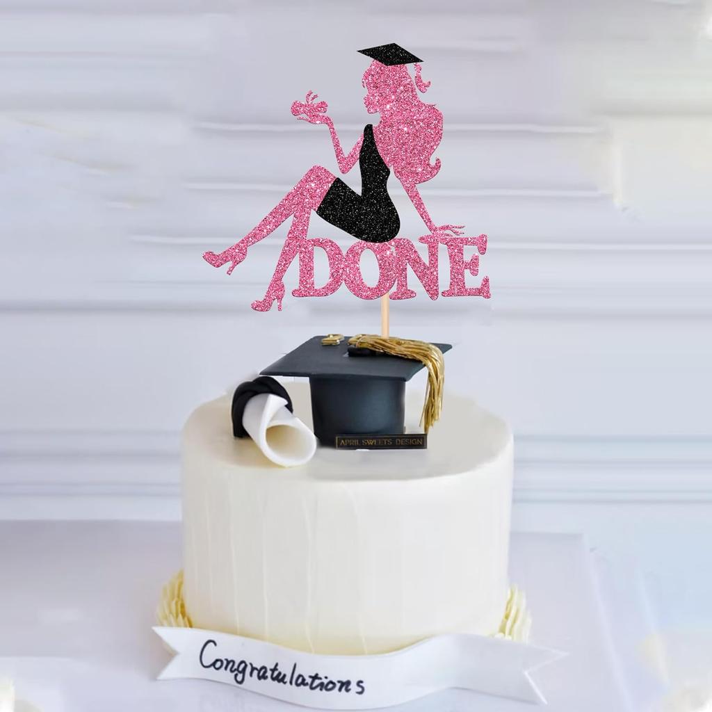 1 PCS High Heel Girl Graduation Cake Topper Black Pink Glitter Done Diploma Class of 2025 Congrats Grad Cap Cake Pick for 2025 Senior High School
