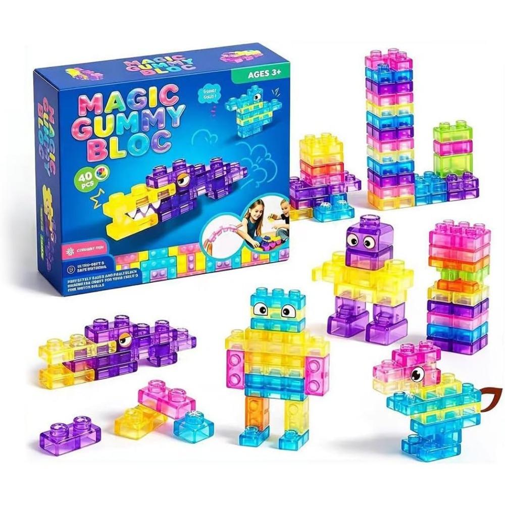 Magic Gummy Bloc 40 Pcs Soft Silicone Building Blocks Flexible Large Particle Sensory Construction Toys Safe Toddler Educational Gift for Kids