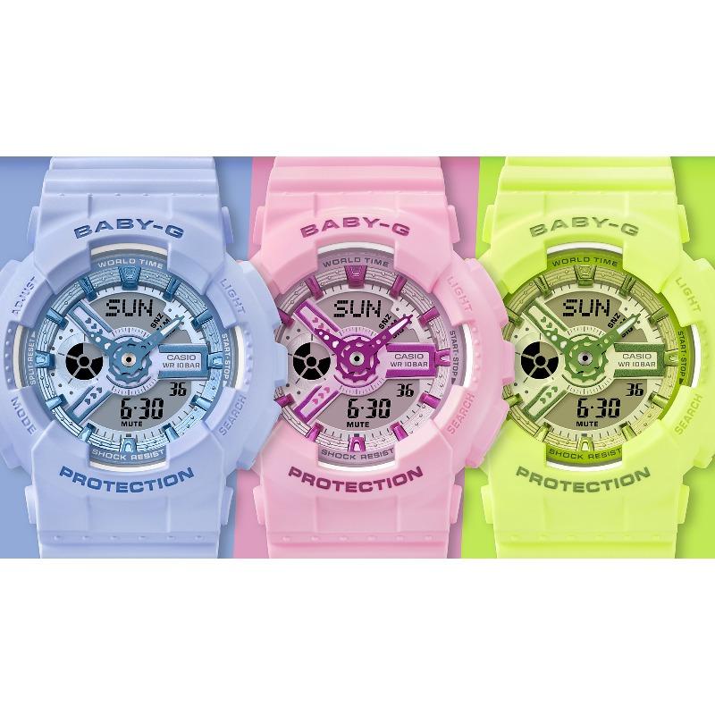 Casio Женские часы Baby-G, смола, 100 м водостойкость, аналоговые, ударопрочные, кварцевые, BA-110YK-2A
