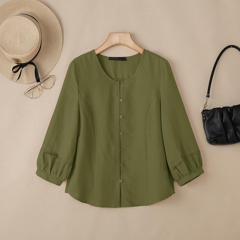 ZANZEA Женская повседневная однотонная блузка с круглым вырезом и рукавом 3/4