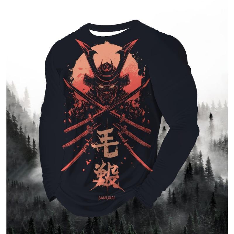 2024 Men's Fashion Printed Round Neck Long Sleeve Autumn Sports Leisure Pullover Men's 3D Japanese Samurai Printed Loose Tops
