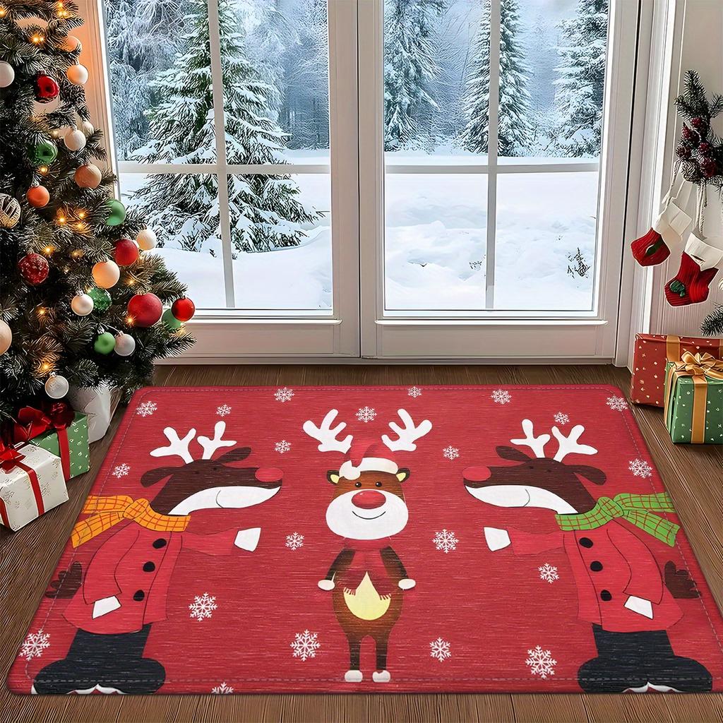 1pc Red & White Reindeer Christmas Mat with Brown Spots - Plush Soft Polyester Non-Slip Floor Mat, 1.2cm Thick Machine Washable Indoor/ Door Mat, Bath