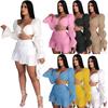 Women Skirts Set Solid Bandage Puff Sleeve Crop Tops Mini Skirt Two 2 Piece Sets Sexy Night Clubwear Fashion Outfit Fall