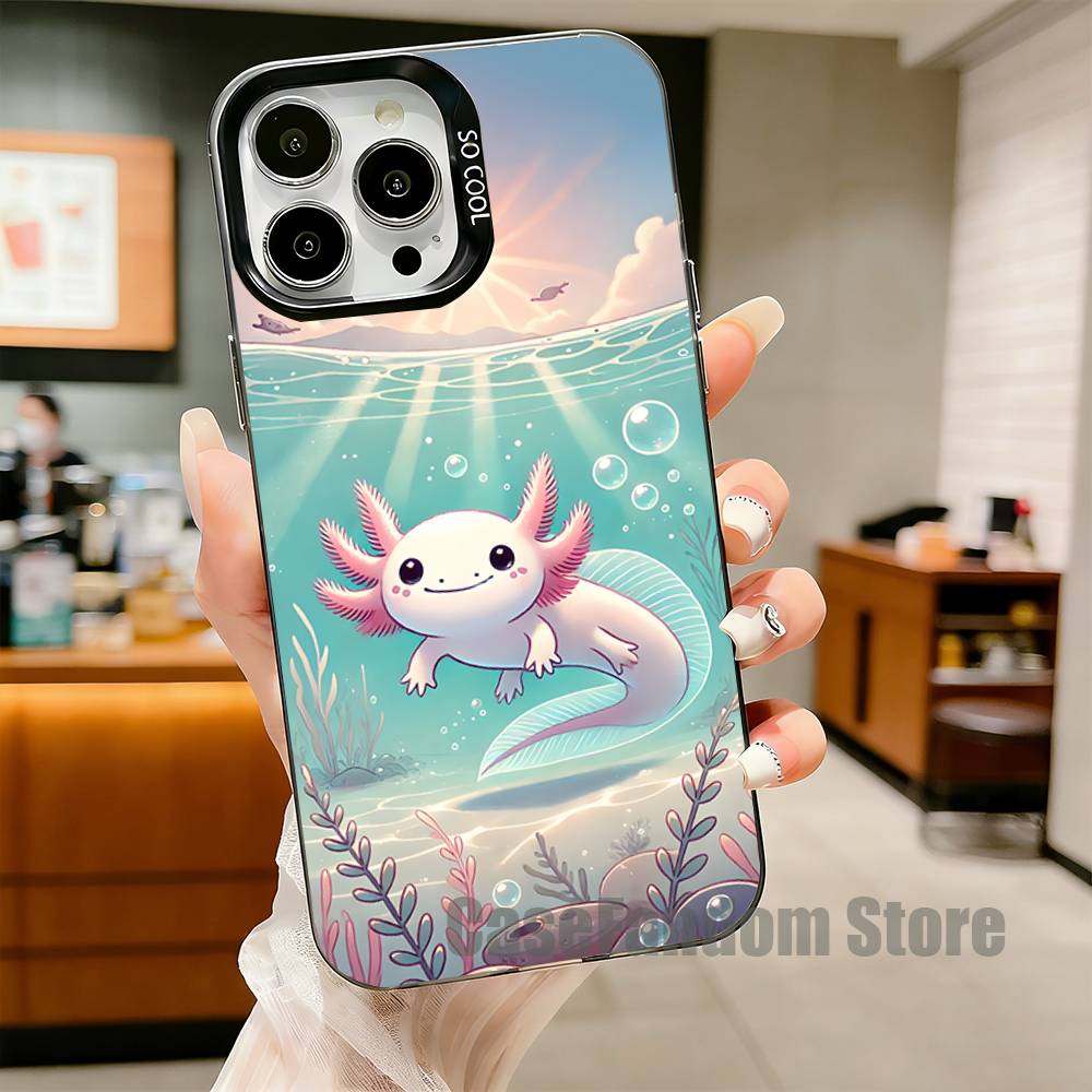 Cute Axolotl Phone Case For iPhone 17,16,15,14,13,12,11,Pro,Max,Plus,Black Matte Shockproof Cover
