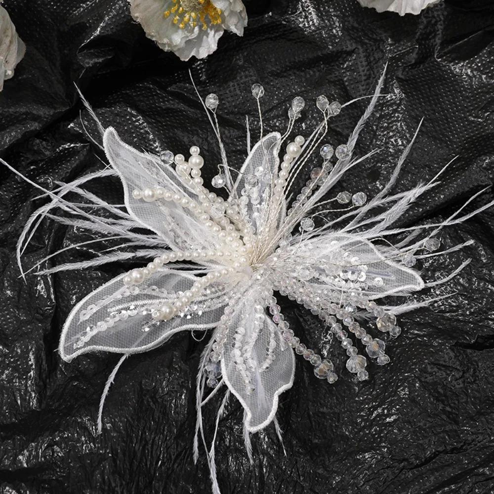 Ethereal Feather Pearl 3D Organza Flower Patch Crystal Flower Twisted Wire Studded Patch Handmade Lace Applique Decorative Dress