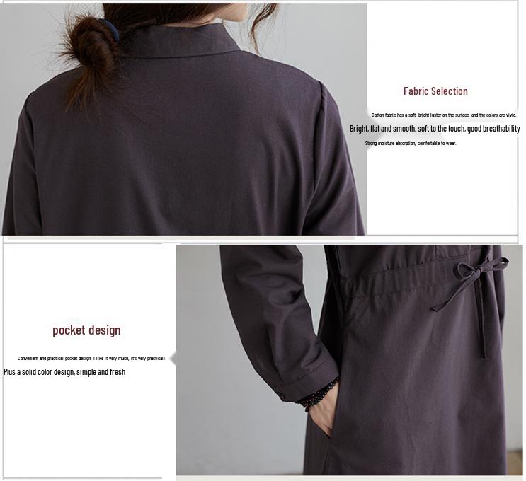 2025 Autumn Korean Style Cotton-Linen Polo Collar Elegant Long Sleeve Shirt Dress