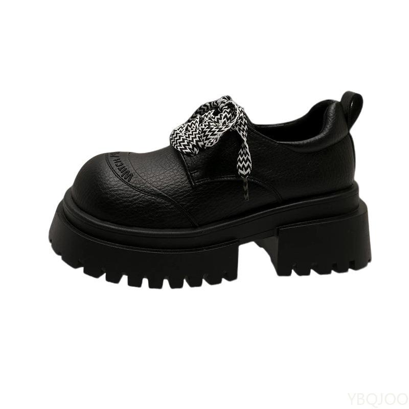 Модные новые туфли на толстой подошве, увеличивающие рост, универсальные, из маленькой кожи, с круглым носком, для женских весенне-осенних стилей, отличающиеся простым