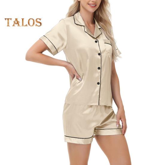 Пижамный костюм из 2 предметов, атласный однобортный кардиган, рубашка с V-образным вырезом, воротником-стойкой, однотонная рубашка с нагрудным карманом, свободные шорты, ночная рубашка, одежда для сна