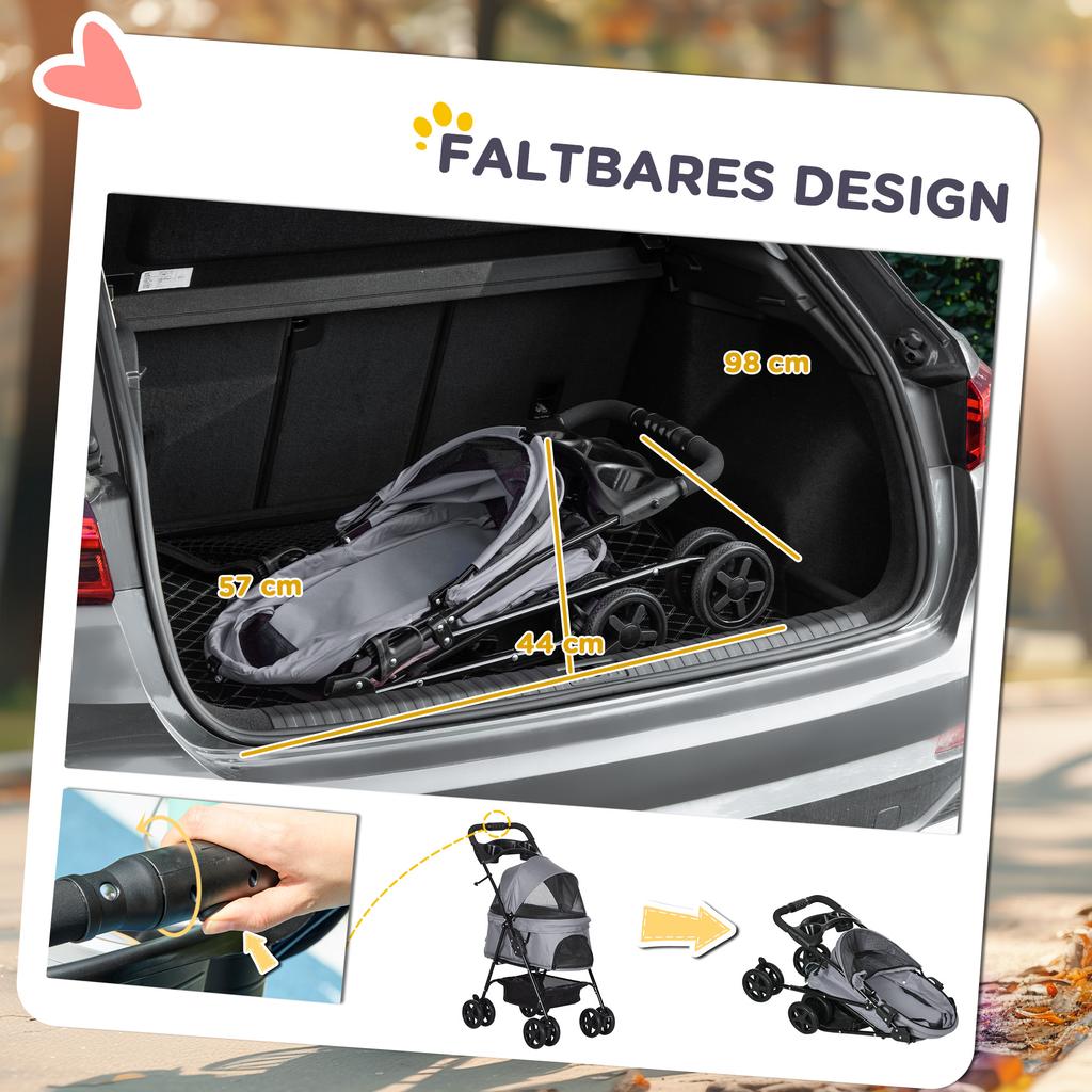 Dog Pram Dog Stroller Foldable Pet Pushchair with 4 Wheels, Safety Leashes, Cup Holder for Small Dogs, Grey