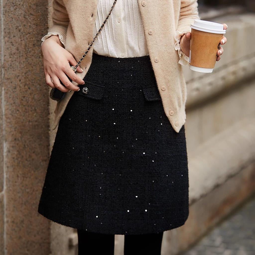 Black Thin Glittering Small Fragrance Skirt High Waist A-line Short Skirt New Style
