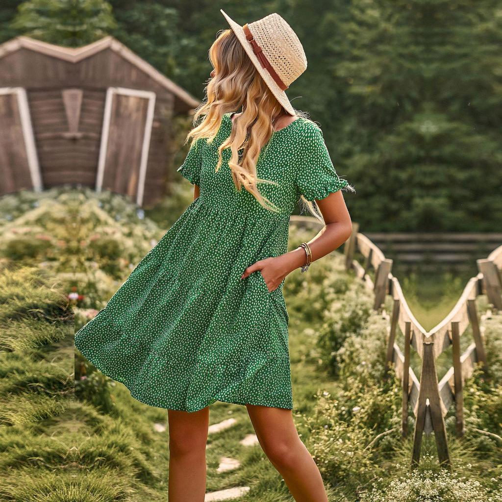 Spring Summer O Neck Short Sleeve Temperament Pastoral A Line Print Dresse