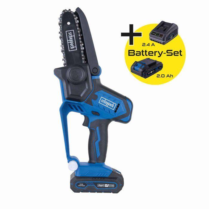 Pack Scie de jardin sans fil C-PS100-X - Longueur coupe 127 mm - Vitesse 4,8 m/s - SCHEPPACH 20V IXES Batterie 2Ah + chargeur 2.4A