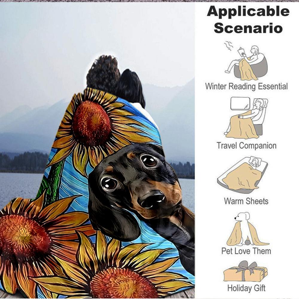 1PC Sunflower Dachshund Print Blanket, Throw For Sofa, Bed, Travel, Printing Blanket With Soft And Warm Fabric yy250918167