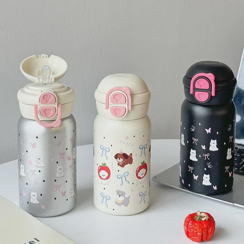 Cute Cartoon Print Double Drink Stainless Steel Thermos Cup with Straw - Portable Pop-Up Cup for Girls and Students