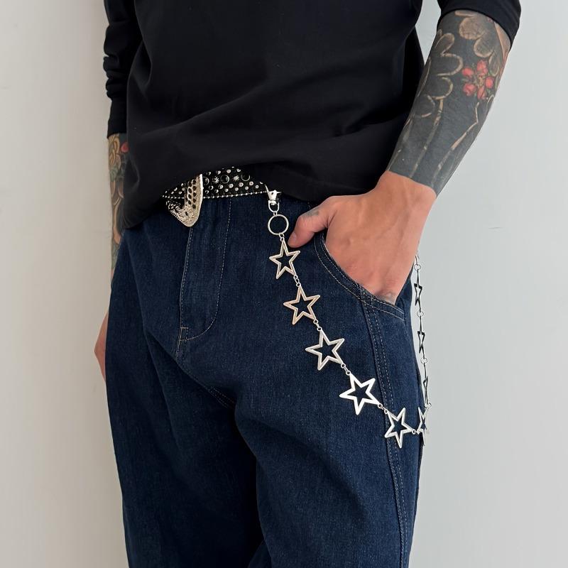 Unisex Punk Chain - Heavy-Duty Alloy Waist Chain with Hollow Star Charms, Edgy Belt accessory for Men & Women - Perfect for Jeans, Concerts, Gothic Ou