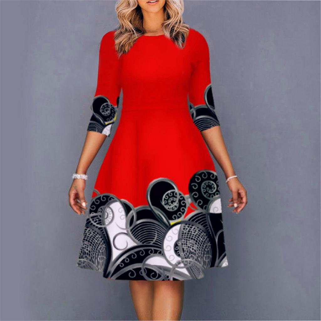 Women's Fashion Casual Crew-neck Half-sleeved Commuting Dress Skirt Large Size Printed Collection Waist Slimming Dress