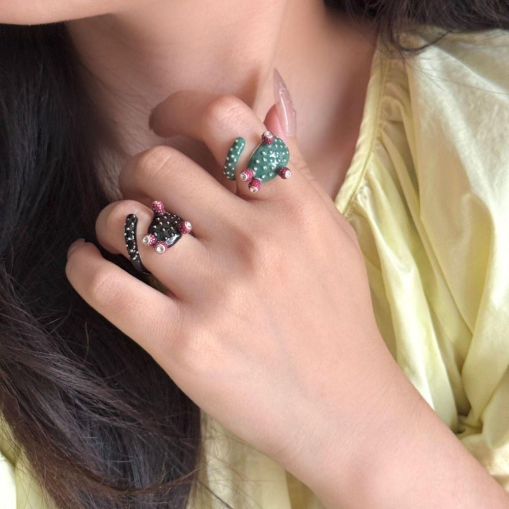 Капающее масло Кактус Капающее масло Кольцо Корейский стиль Эмалевое кольцо Винтажное кольцо с росписью Украшение