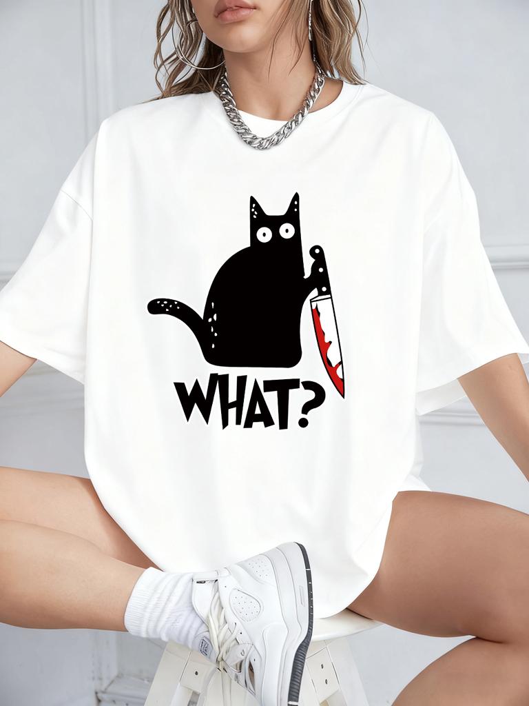 Black Cat Holding A Knife Prints Short Sleeve T-Shirts Womens Summer Cotton Tee Shirts Loose O-Neck Soft Tops Street Clothes