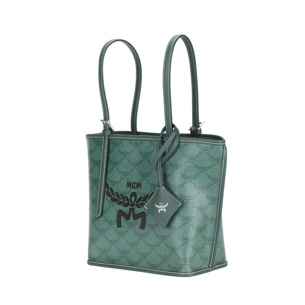 MCM Green Monogram Canvas Tote Bag with Leather Accents & Signature Logo Charm for Daily & Travel Use